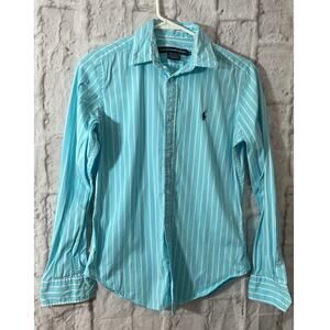 Ralph Lauren Sport Shirt Boys 8 Teal Blue White Striped Long Sleeve Button Front
